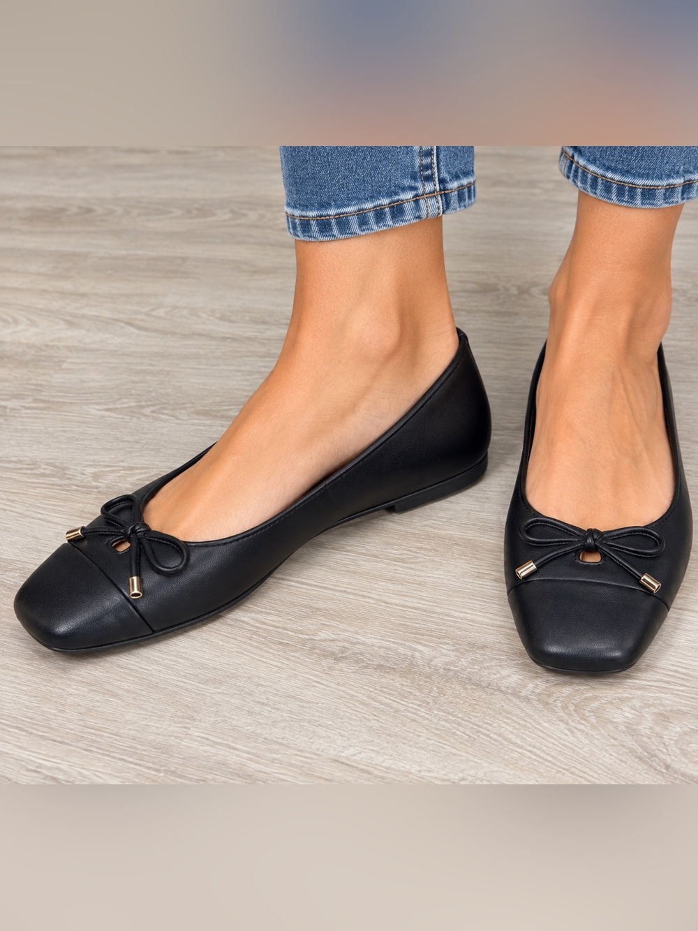 Vionic Klara Black Leather Square Toe Ballet Flats Bow Gold Detail 10 Wide